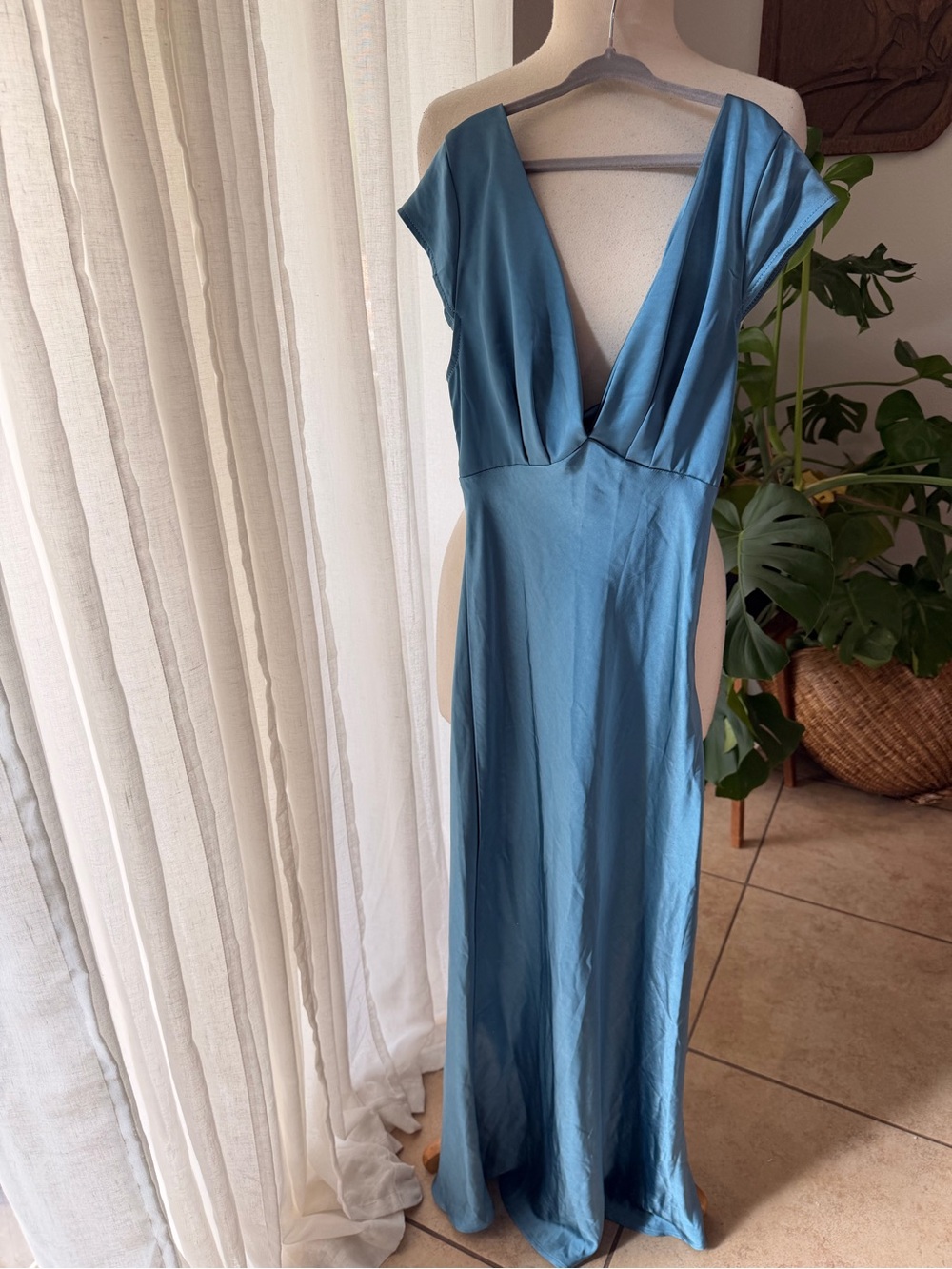 NWT Hello Molly Satin Teal Maxi Dress Open Back Plunge Formal XS